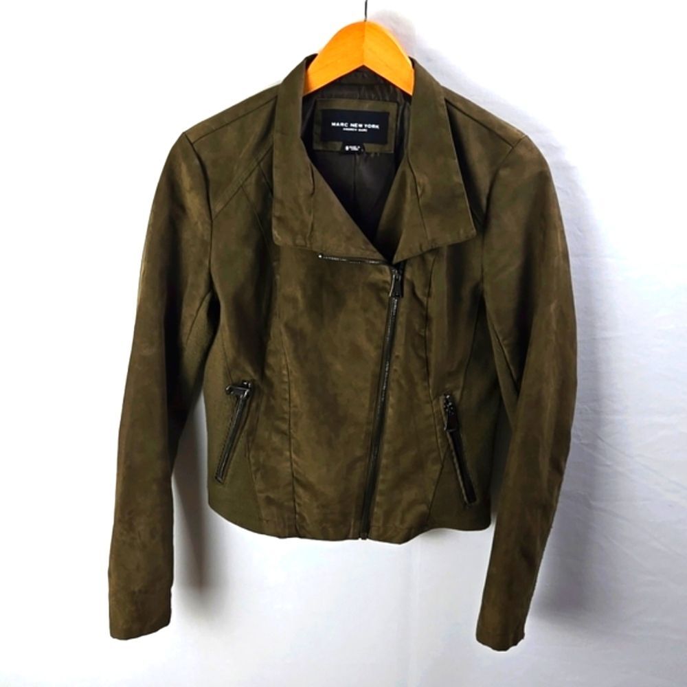 Marc New York by Andrew Marc Women's Green Crop Moto Vegan Suede Jacket Sz S
